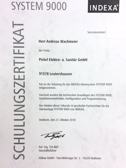 INDEXA-Alarmsystem SYSTEM 9000 bei Pickel Elektro- und Sanitär GmbH in Leutershausen