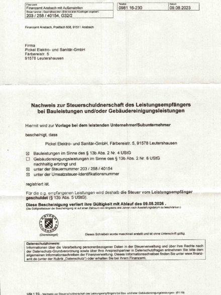 Steuerschuldnerschaft bei Pickel Elektro- und Sanitär GmbH in Leutershausen